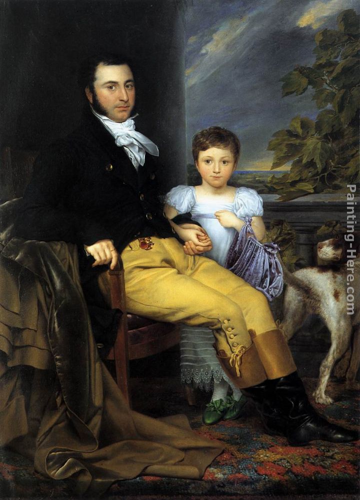 Joseph-Denis Odevaere Portrait of a Prominent Gentleman with his Daughter and Hunting Dog